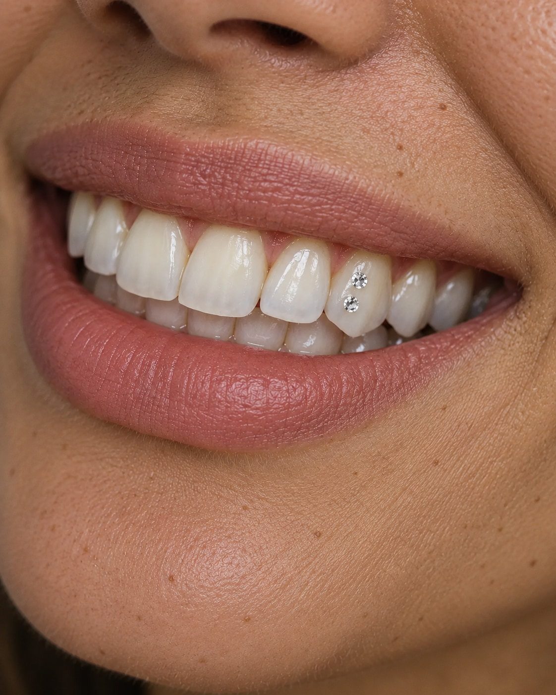 Sourire portant deux petits strass dentaires